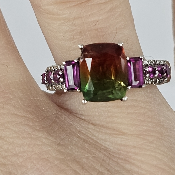 Genuine Watermelon Quartz & Rhodolite Garnet Ring Platinum/925 Sz 8! - Picture 6 of 14